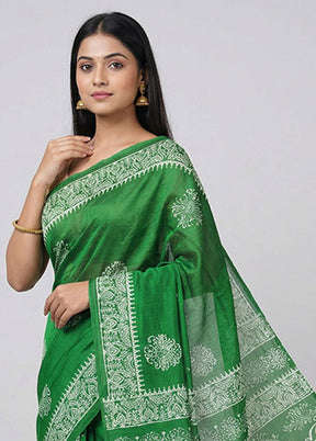 Green Printed Silk Saree Without Blouse Piece