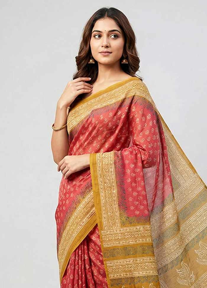Pink Printed Silk Saree Without Blouse Piece