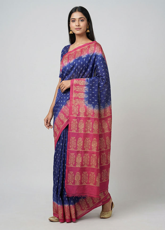 Blue Printed Silk Saree Without Blouse Piece