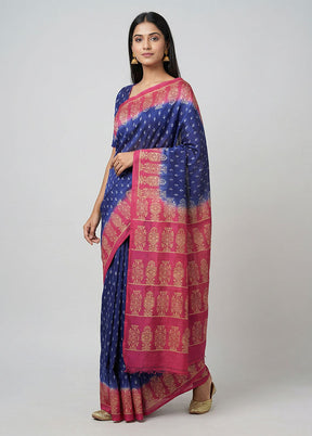 Blue Printed Silk Saree Without Blouse Piece