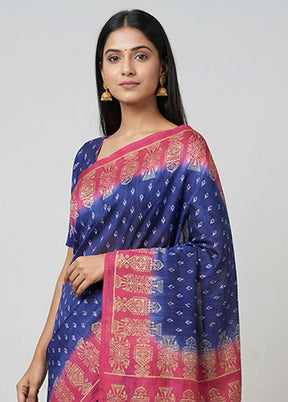 Blue Printed Silk Saree Without Blouse Piece