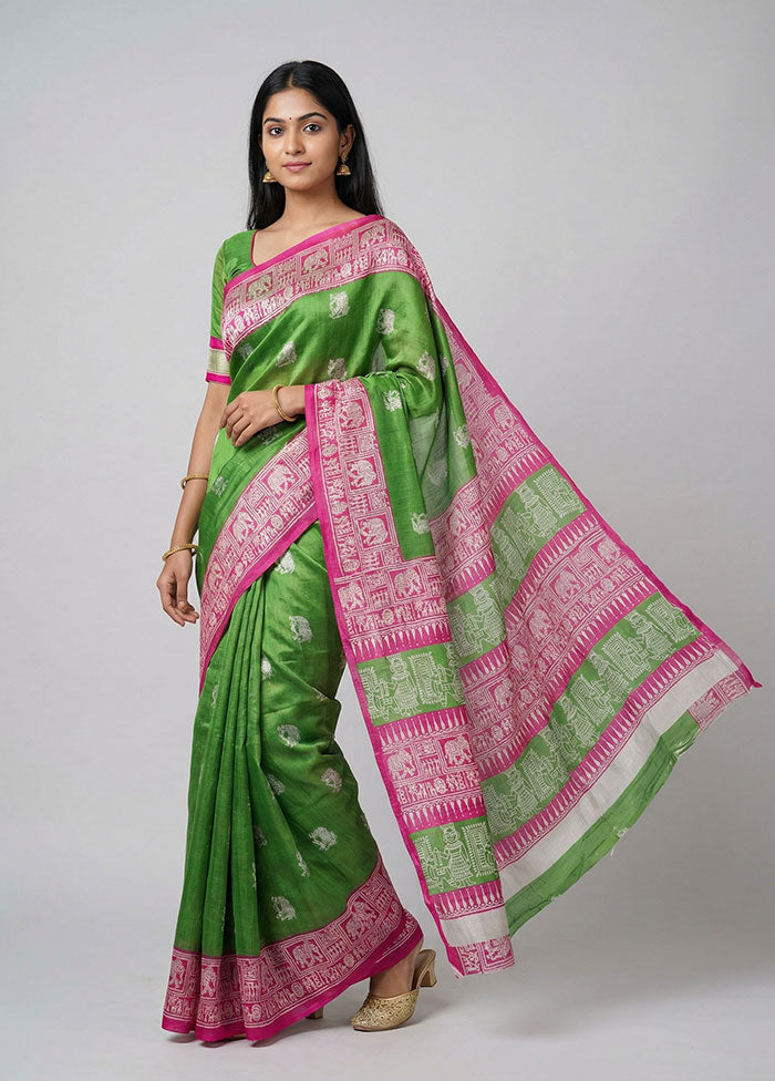 Green Printed Silk Saree Without Blouse Piece
