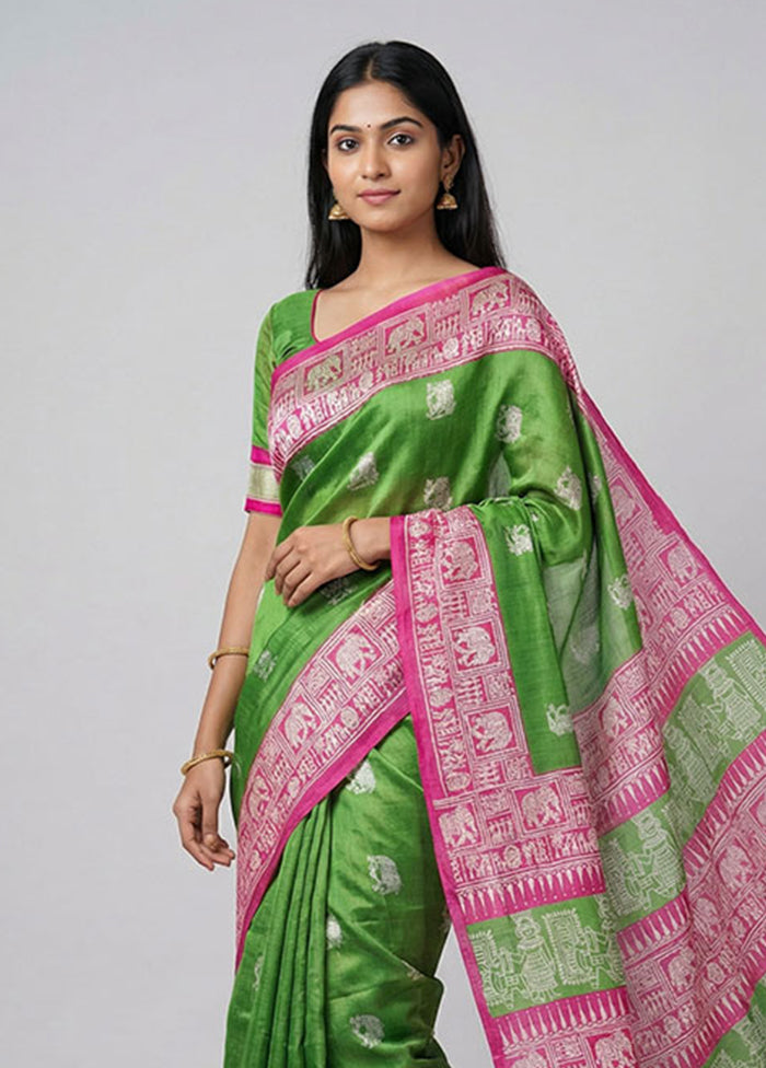 Green Printed Silk Saree Without Blouse Piece