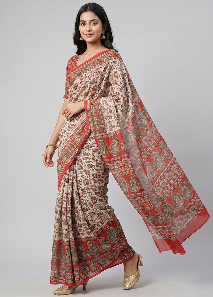 Cream Printed Silk Saree Without Blouse Piece