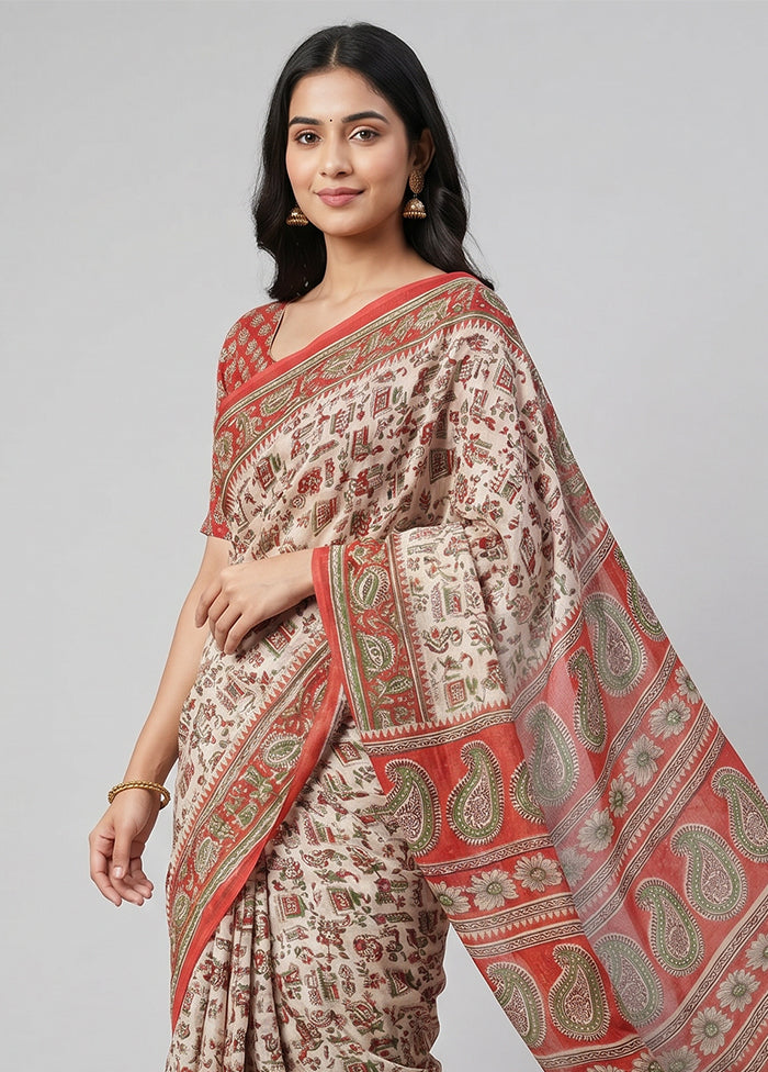 Cream Printed Silk Saree Without Blouse Piece