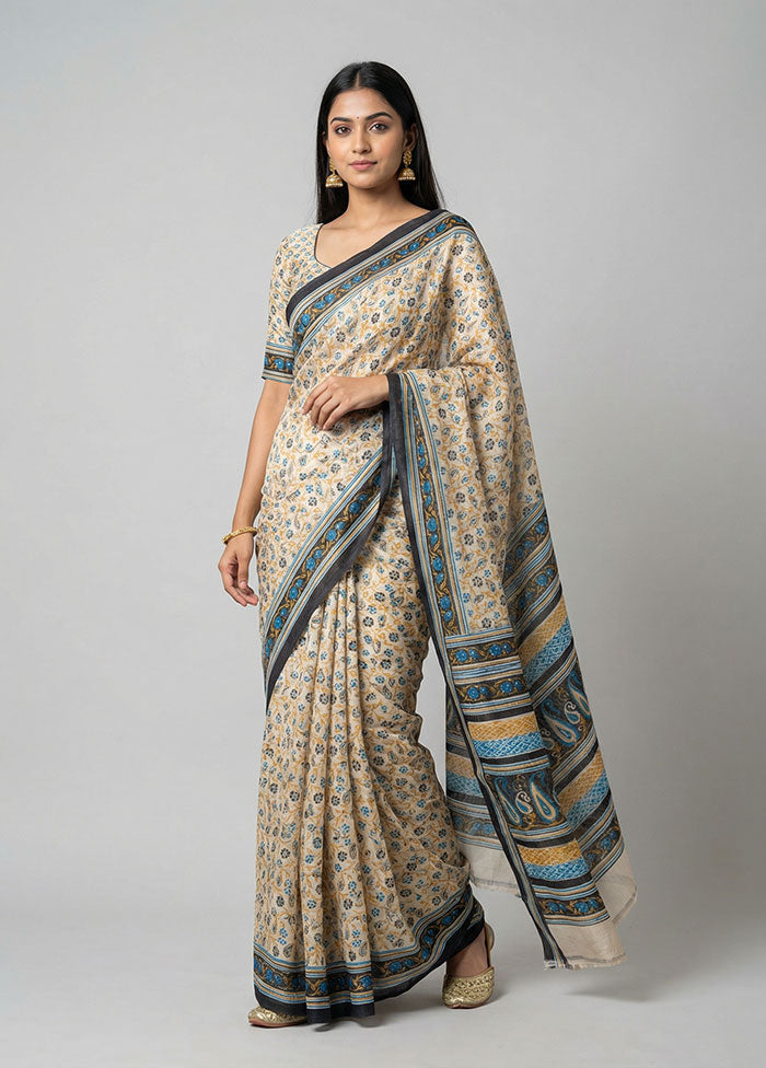 Cream Printed Silk Saree Without Blouse Piece