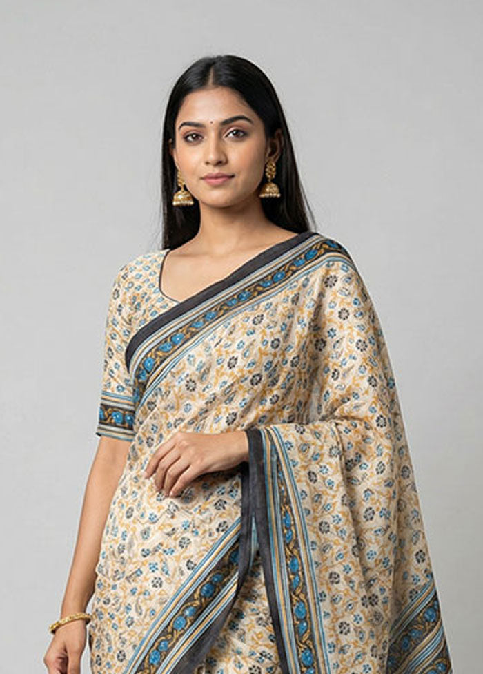 Cream Printed Silk Saree Without Blouse Piece