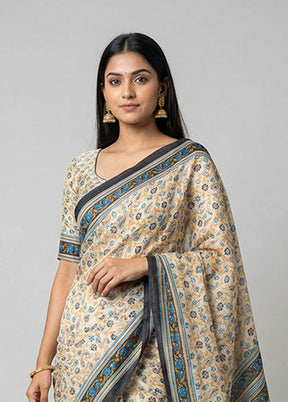 Cream Printed Silk Saree Without Blouse Piece
