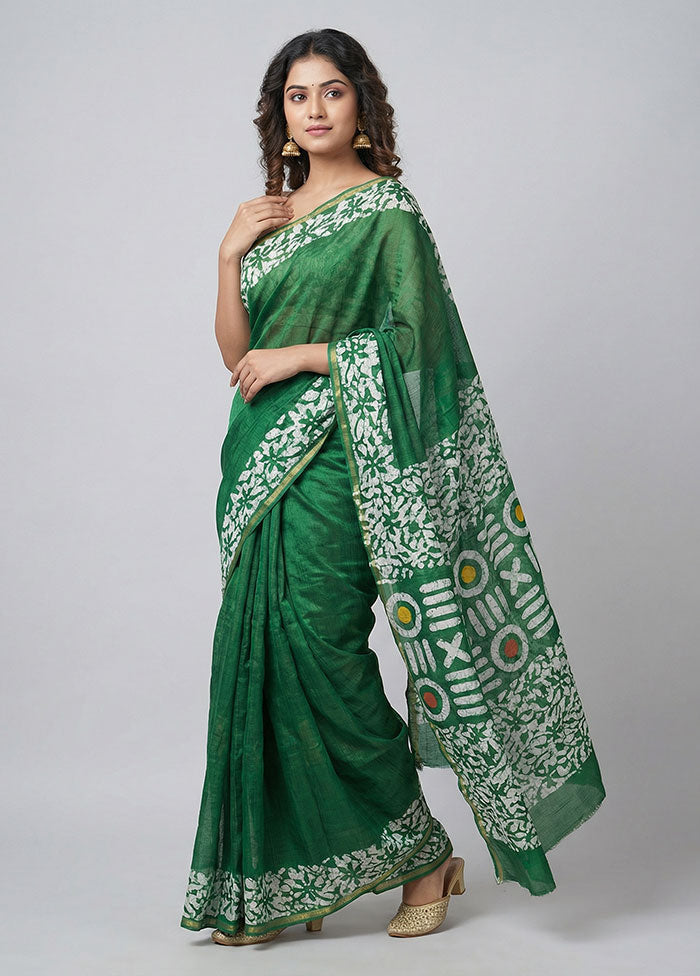Green Printed Silk Saree Without Blouse Piece