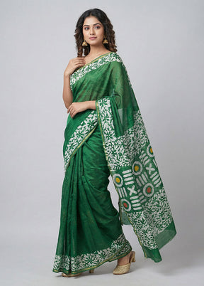 Green Printed Silk Saree Without Blouse Piece
