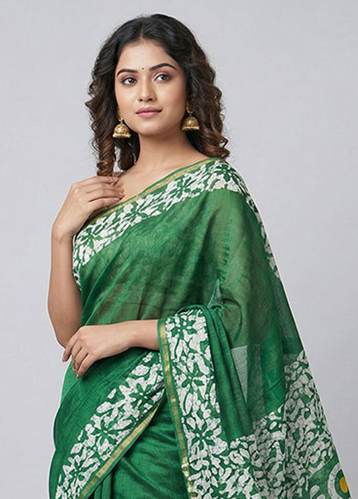 Green Printed Silk Saree Without Blouse Piece