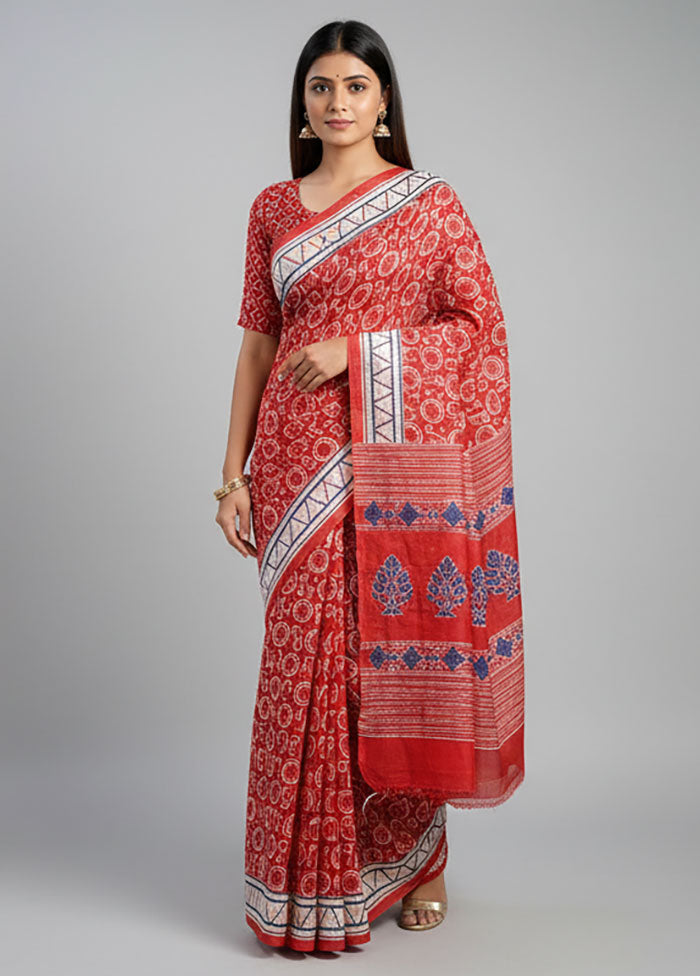 Red Printed Silk Saree Without Blouse Piece