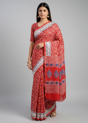 Red Printed Silk Saree Without Blouse Piece