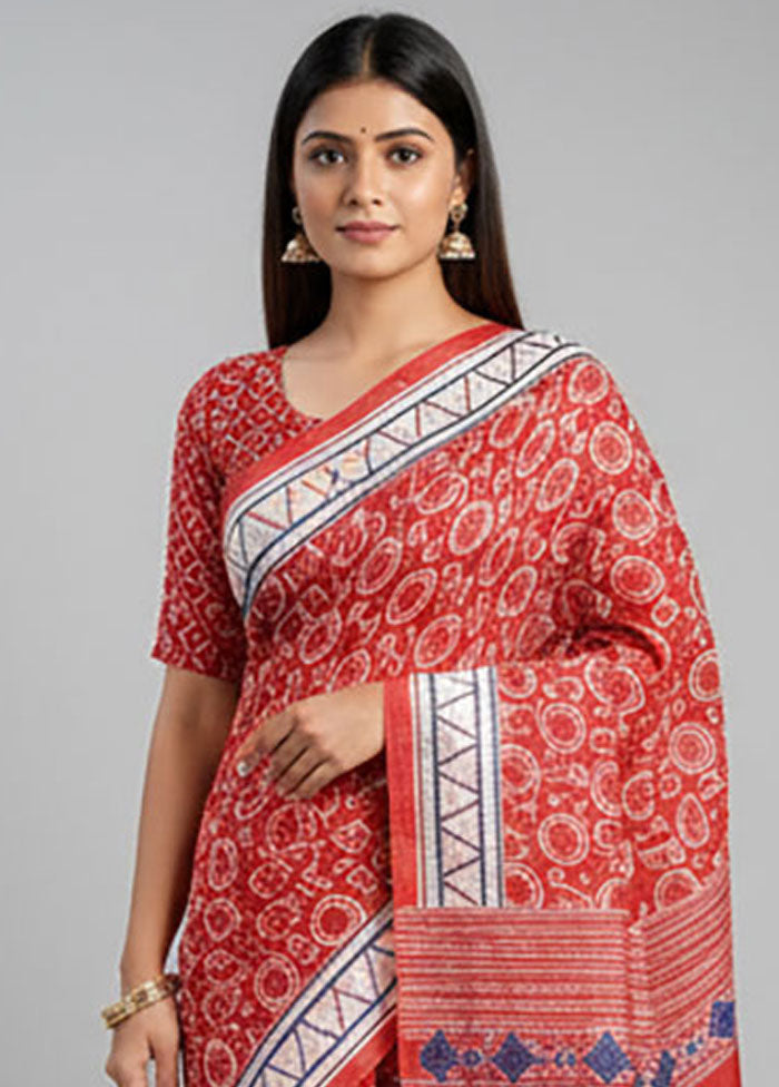 Red Printed Silk Saree Without Blouse Piece