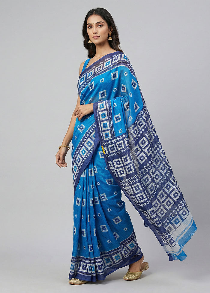 Blue Printed Silk Saree Without Blouse Piece