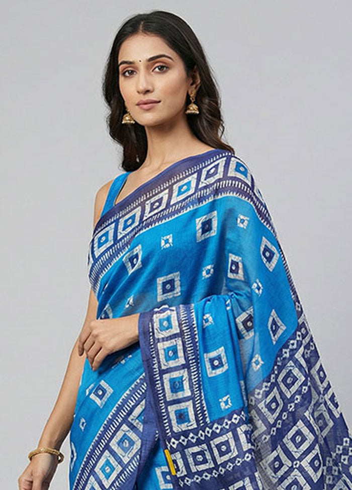 Blue Printed Silk Saree Without Blouse Piece