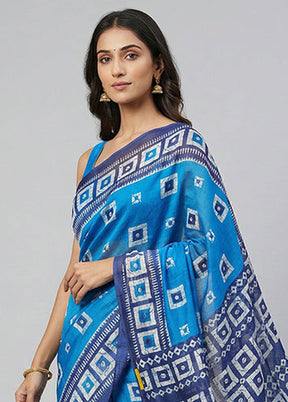 Blue Printed Silk Saree Without Blouse Piece