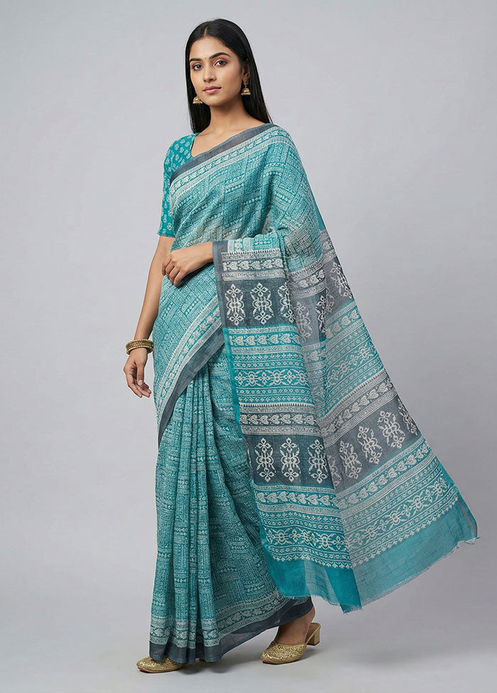 Green Printed Silk Saree Without Blouse Piece