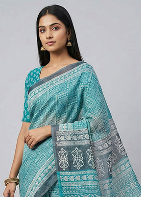 Green Printed Silk Saree Without Blouse Piece