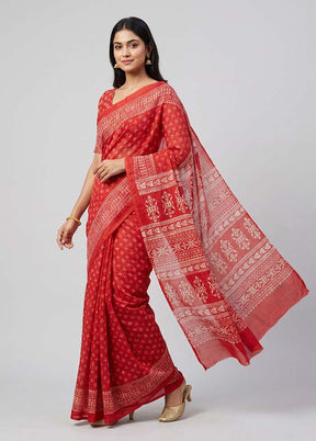Red Printed Silk Saree Without Blouse Piece