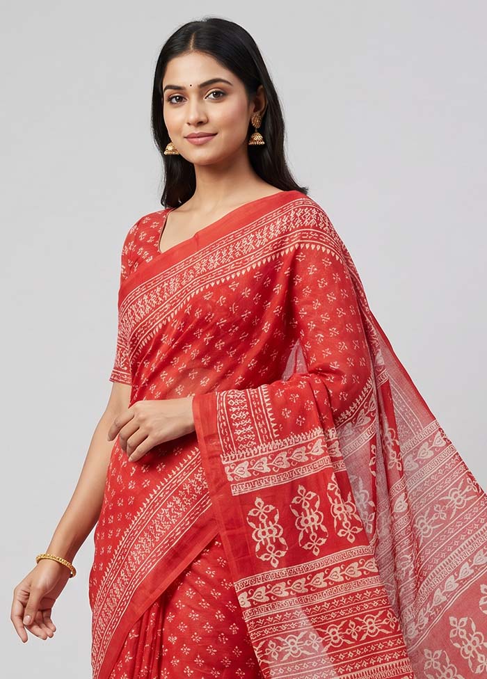Red Printed Silk Saree Without Blouse Piece