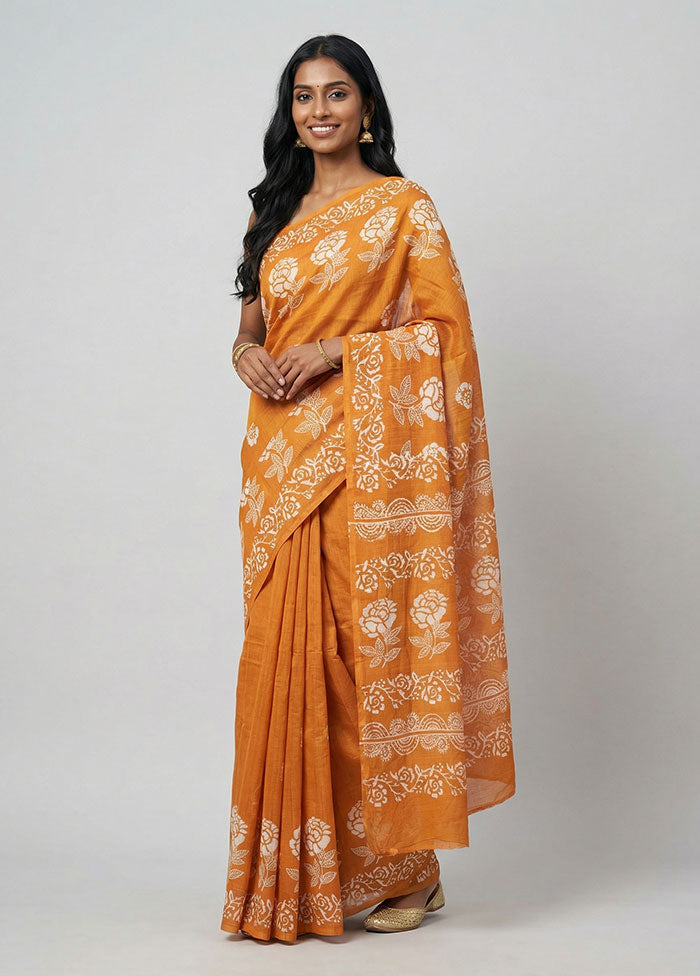 Yellow Printed Silk Saree Without Blouse Piece