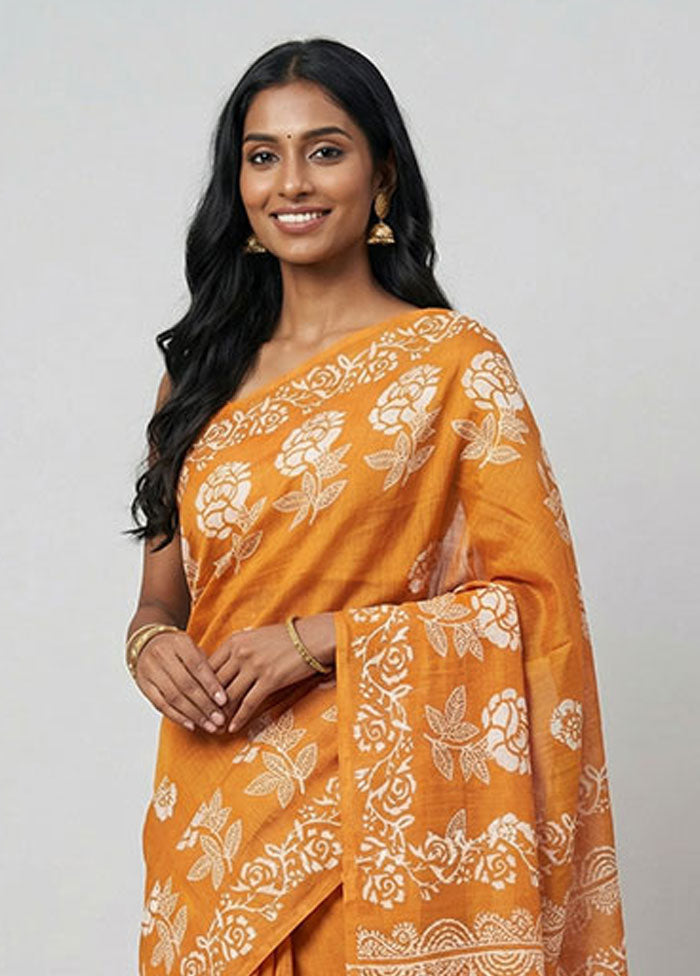 Yellow Printed Silk Saree Without Blouse Piece