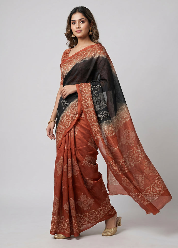 Black Printed Silk Saree Without Blouse Piece