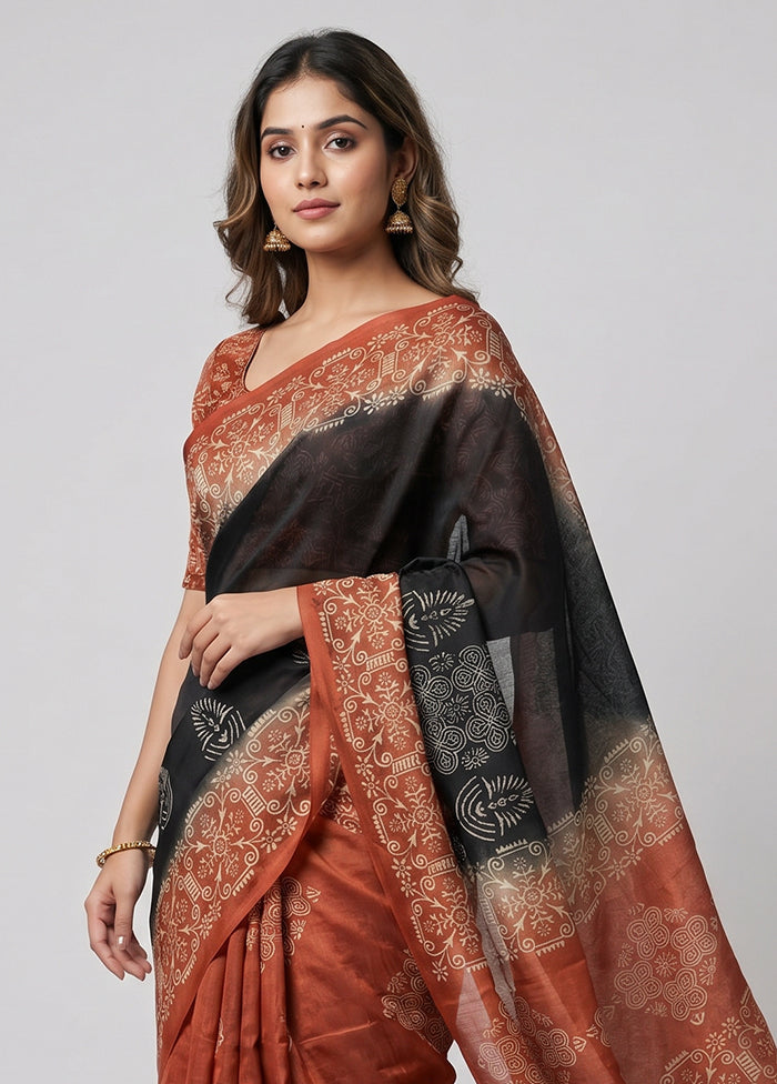 Black Printed Silk Saree Without Blouse Piece