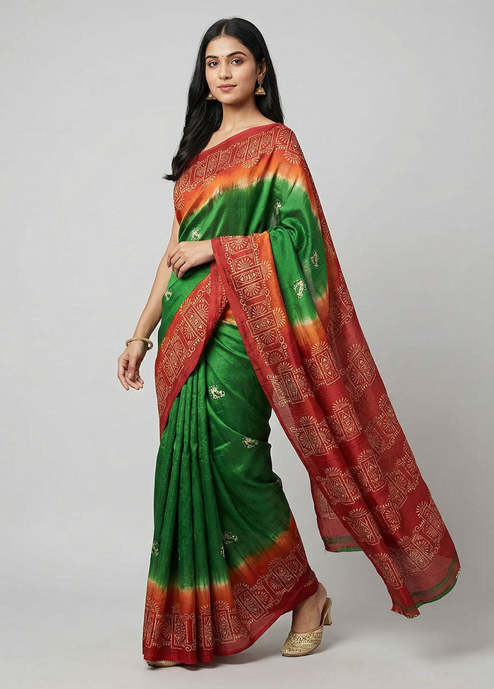 Green Printed Silk Saree Without Blouse Piece