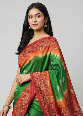 Green Printed Silk Saree Without Blouse Piece