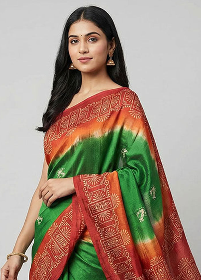 Green Printed Silk Saree Without Blouse Piece