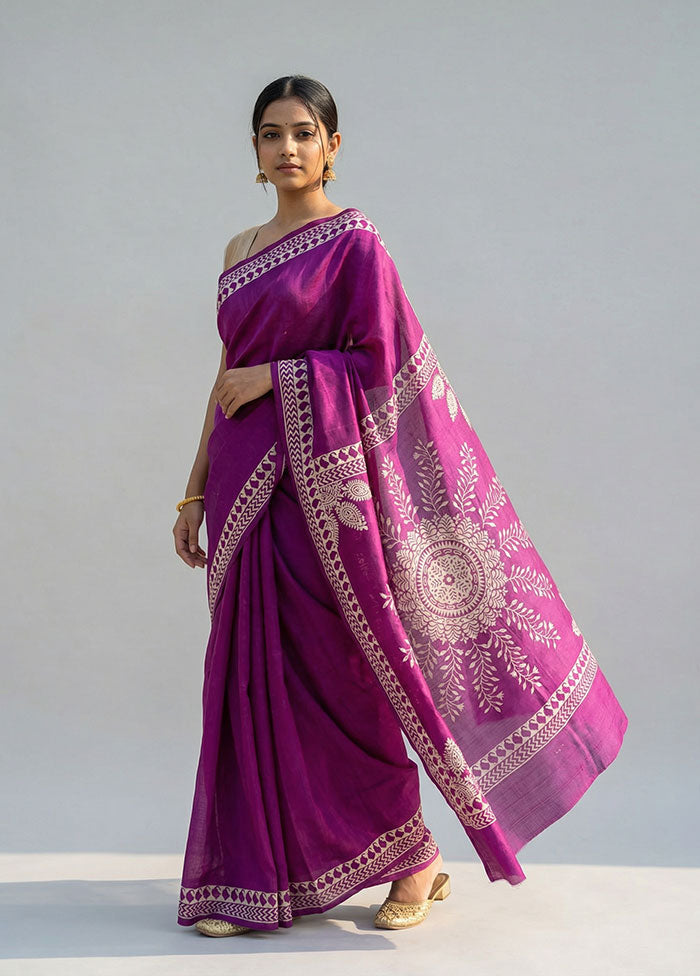 Purple Printed Silk Saree Without Blouse Piece