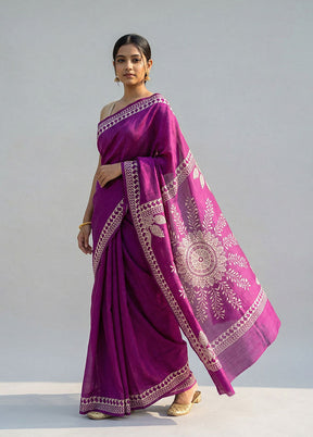 Purple Printed Silk Saree Without Blouse Piece