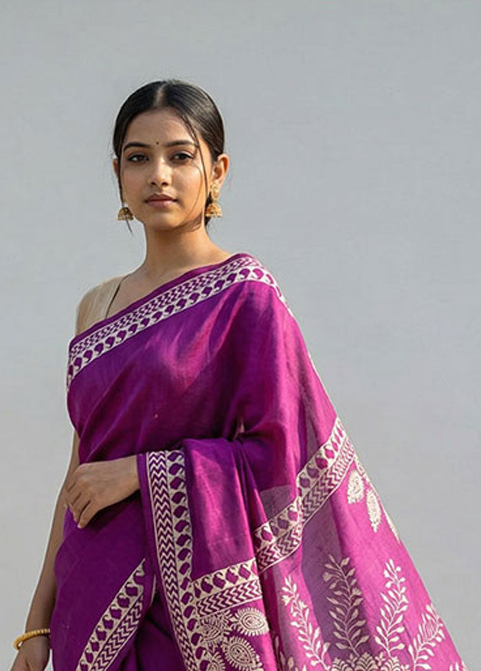 Purple Printed Silk Saree Without Blouse Piece