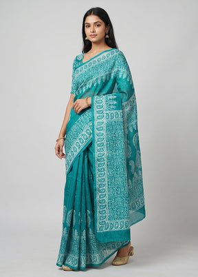 Green Printed Silk Saree Without Blouse Piece