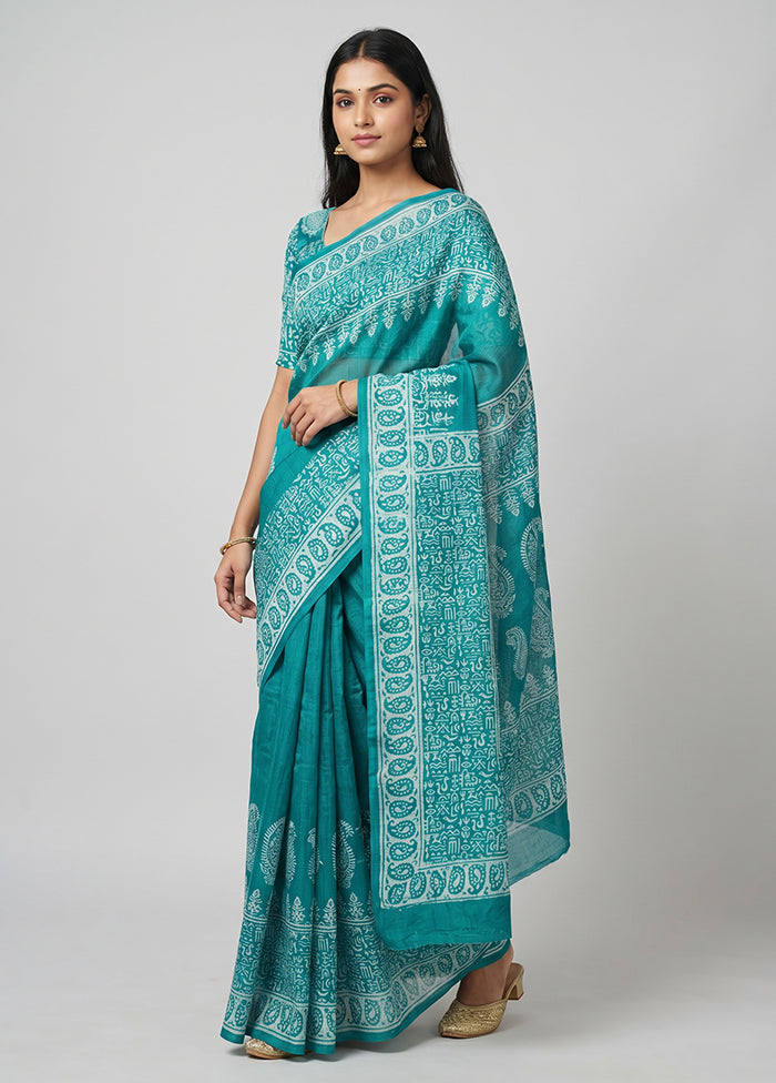 Green Printed Silk Saree Without Blouse Piece