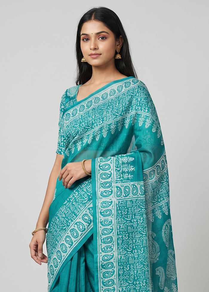 Green Printed Silk Saree Without Blouse Piece