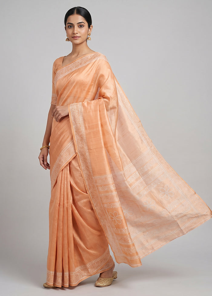 Peach Printed Silk Saree Without Blouse Piece