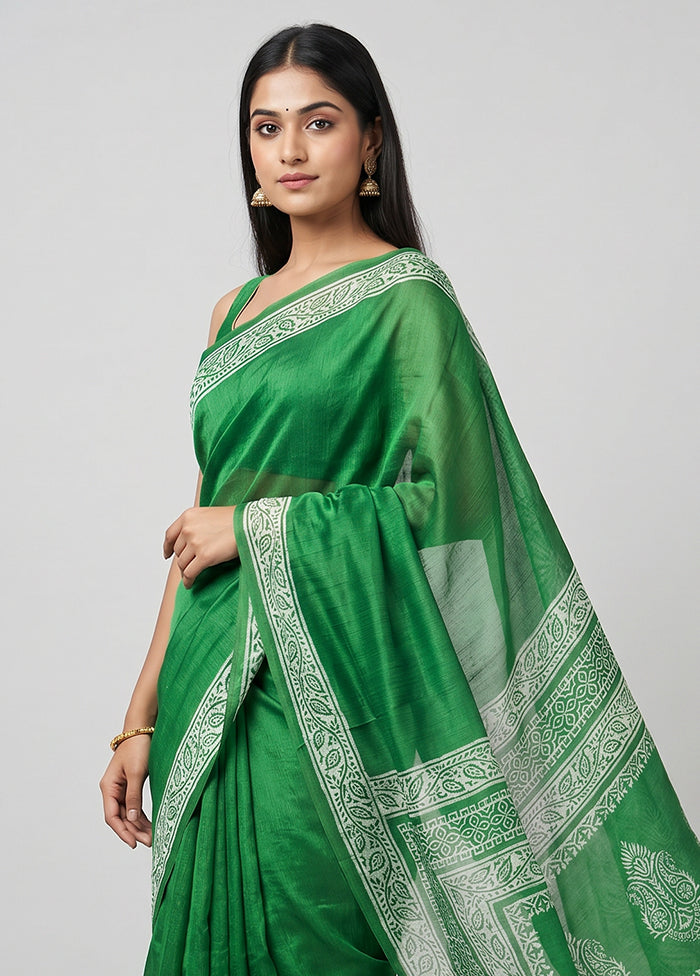 Green Printed Silk Saree Without Blouse Piece