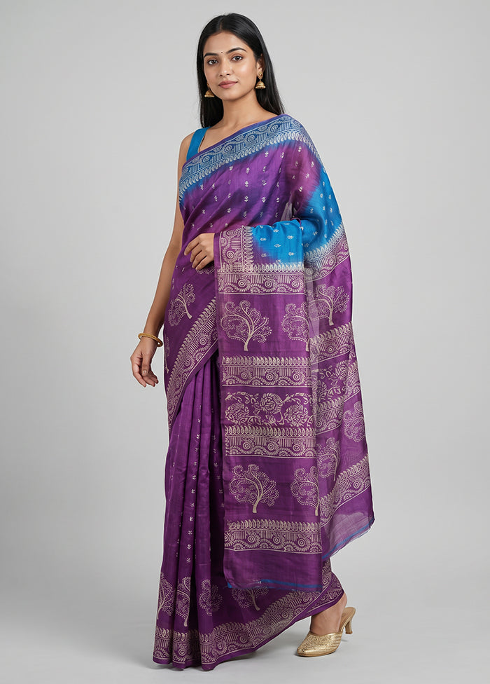 Blue Printed Silk Saree Without Blouse Piece
