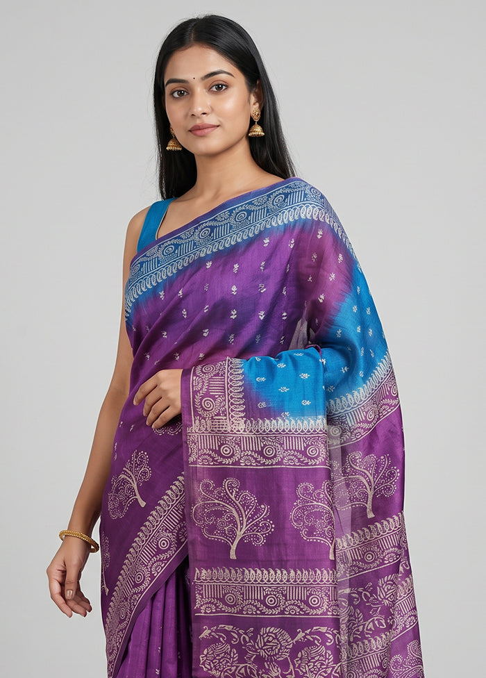 Blue Printed Silk Saree Without Blouse Piece