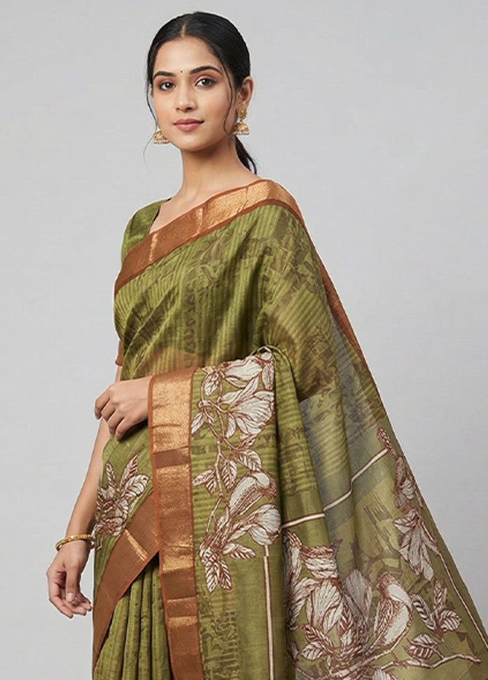 Green Chanderi Silk Saree With Blouse Piece