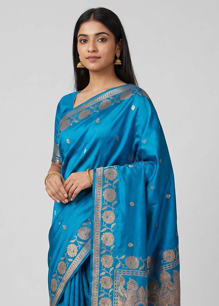Blue Banarasi Silk Saree With Blouse Piece