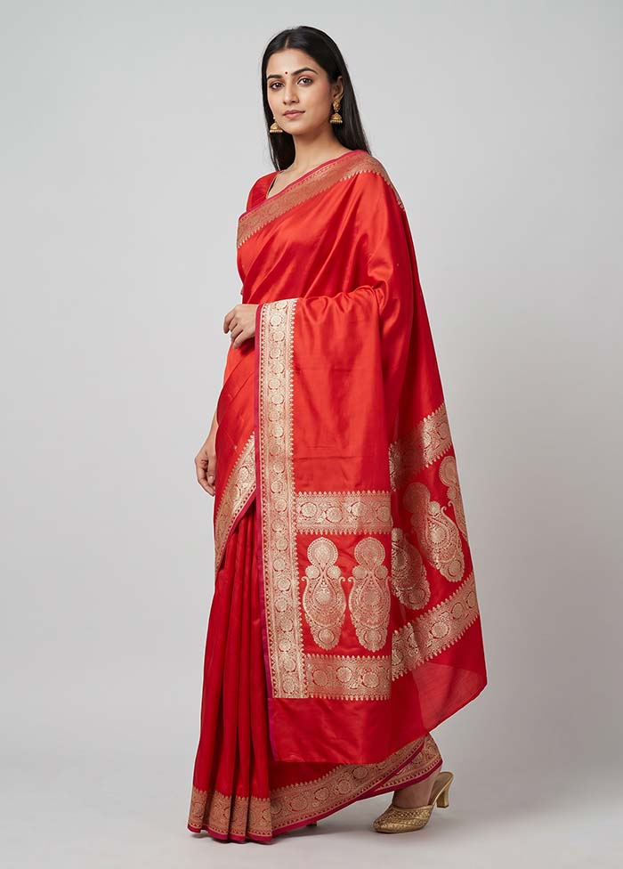 Red Banarasi Silk Saree With Blouse Piece