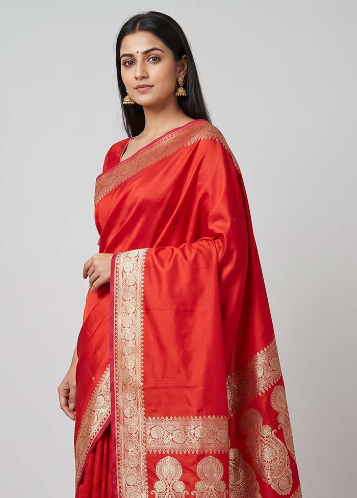Red Banarasi Silk Saree With Blouse Piece