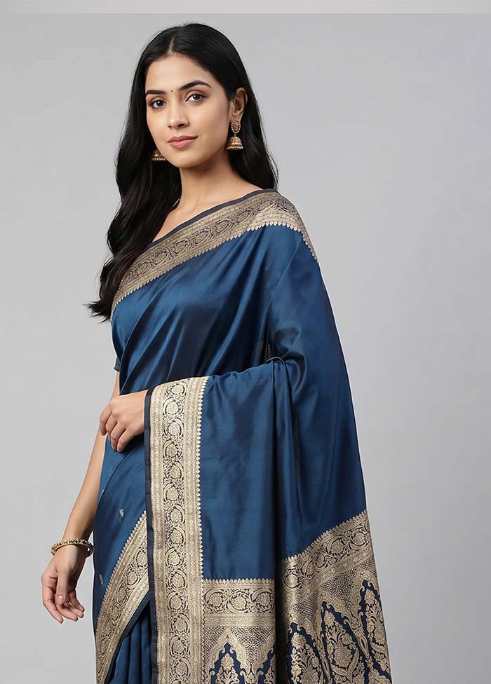 Blue Banarasi Silk Saree With Blouse Piece