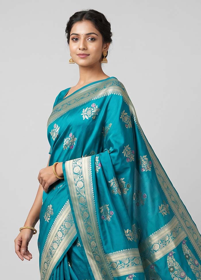 Blue Katan Silk Saree With Blouse Piece