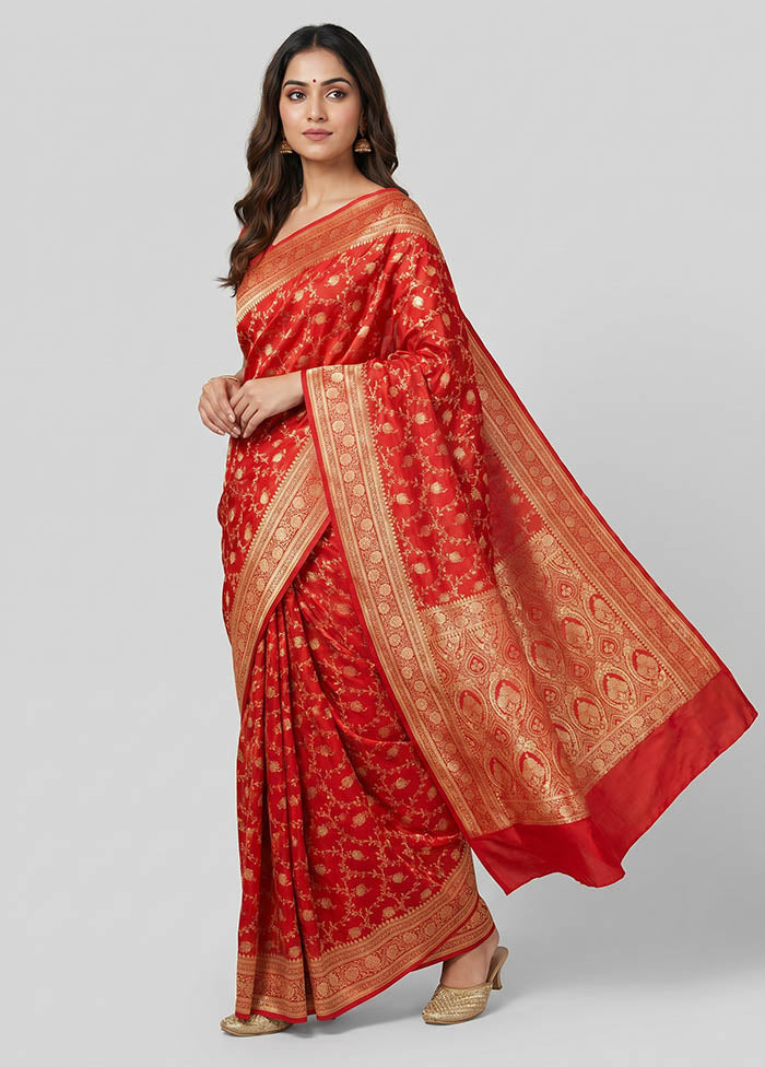 Red Banarasi Silk Saree With Blouse Piece