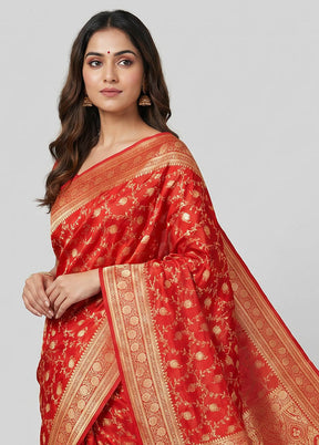 Red Banarasi Silk Saree With Blouse Piece